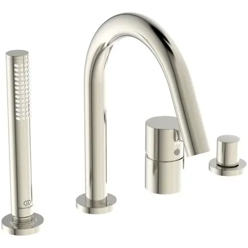 4-Loch Wannenrandarmatur von Ideal Standard mit einem Auslauf, einem Umsteller und einem handgehaltenen Brausekopf. Oberfläche in silberner Ausführung.